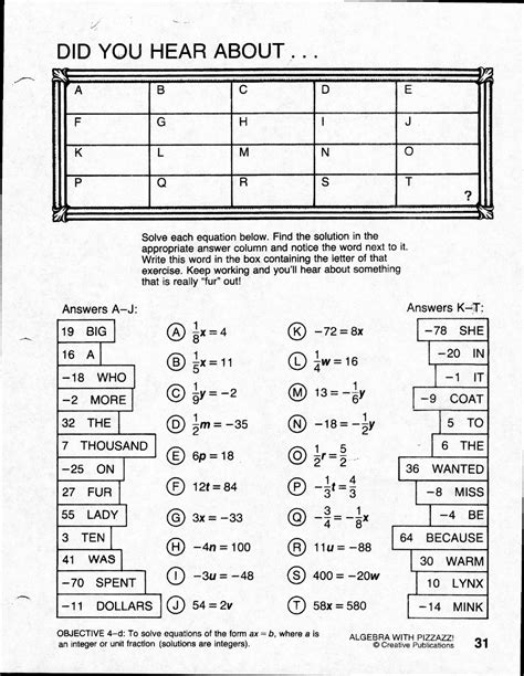 Algebra with pizzazz did you hear about answer key - There is only one prime factor of a prime number - itself.The distinct prime factor (listing each prime factor only once) of 211 is also 211.The prime factorization of 211 is 211. In some cases, to emphasize that it is prime, you might write the prime factorization as 1 x 211.NOTE: There cannot be common factors, a greatest common factor, or a ...